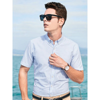 【自营】杰米克男装 夏季新款休闲翻领棉质撞色细条纹男士短袖衬衫