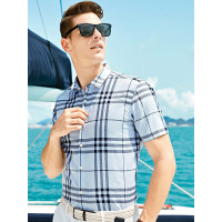【自营】杰米克男装 夏季新款经典格子休闲翻领撞色男士短袖衬衫