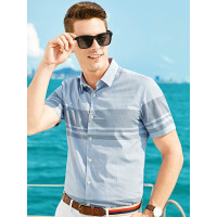 【自营】杰米克男装 夏季新款休闲细条纹翻领棉质条纹男士短袖衬衫