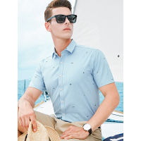 【自营】杰米克男装 夏季新款印花领合身棉质男士短袖衬衫