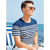 【自营】杰米克男装 夏季休闲舒适圆领棉质条纹男士短袖T恤