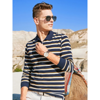 【自营】杰米克 秋季T恤衫男新款翻领合身棉质条纹男士长袖t恤polo衫