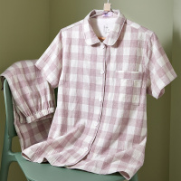 杉杉【纯棉】睡衣女纺纱格纹翻领短袖长裤简约休闲女士家居服套装