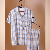 杉杉【亲肤彩棉】薄款休闲睡衣男开衫格纹短袖长筒裤男士家居服套装