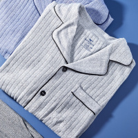 七匹狼色织条95%棉男生睡裤男士睡衣家居服春秋棉质男长袖套装