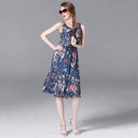 LUXLEAD洛诗琳2016年春夏花色别致编织领部印花吊带雪纺连衣裙XDRK16863