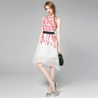 LUXLEAD洛诗琳2016夏装新品时尚气质收腰显瘦圆领刺绣欧根纱背心连衣裙XDRK16934