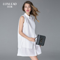 LUXLEAD洛诗琳2016夏装新品OL英伦简约时尚翻领无袖两件套长衬衫XSHK61070