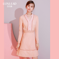 洛诗琳2017秋季新款女装名媛时尚ol气质连衣裙粉色淑雅中长裙LDDR272997