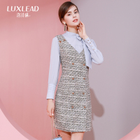 洛诗琳2017秋季新款女装时尚V领双排扣粗花呢通勤淑女马甲中长款LDCO773019