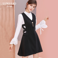 洛诗琳2017秋季新款女装通勤甜美A摆马甲 V领无袖黑色外套中长款LQCO573349