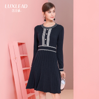 洛诗琳2017秋季新款女装高腰时尚条纹修身显瘦OL针织连衣裙中长裙LDSW273553