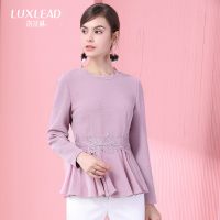 洛诗琳优雅荷叶边长袖圆领上衣修身通勤打底蕾丝衫2017秋冬新款女LDUN973529