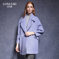 洛诗琳2016冬装新品清新粉蓝色毛呢外套 时髦茧型大衣女装DCO215777