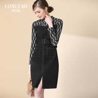洛诗琳蕾丝拼接连衣裙OL气质修身长袖腰带打底中裙2017冬季新款女LDDR573868