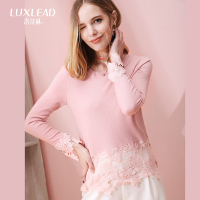 洛诗琳2017秋季新款女装拼接水溶蕾丝圆领针织衫长袖甜美套头上衣LQSW972267