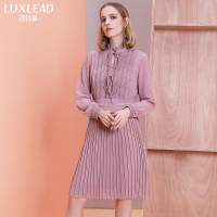 洛诗琳2017秋季新款女装木耳边系带百褶中长裙高腰粉色通勤连衣裙LQDR272559