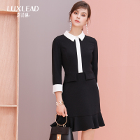 洛诗琳2017秋季新款女装荷叶袖V领中裙修身显瘦OL气质黑色连衣裙LQDR372623