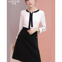 洛诗琳2017秋季新款女装长袖OL气质中长裙显瘦拼接撞色职业连衣裙KQDR972932