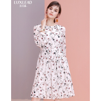 洛诗琳2017秋装新款女田园印花雪纺连衣裙优雅淑女修身长袖中裙KQDR273002