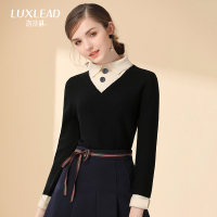 洛诗琳简约假两件半高翻领针织上衣套头打底毛衫2017冬季新款女装LDSW273209