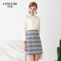 洛诗琳撞色拼接蕾花边圆领连衣裙通勤淑女显瘦A字裙2018春装新款LDDR273078