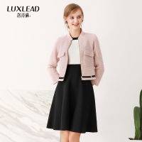 洛诗琳撞色织带休闲时尚小香风粉色短款粗花呢外套2018春装新款女LCCO580327