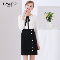洛诗琳拼接蝴蝶结简约通勤连衣裙收腰显瘦A字中裙2018春装新款女LCDR780057