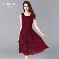 LUXLEAD洛诗琳2016夏装新品精致蕾丝压褶圆领层次感无袖连衣裙女XDRK61305