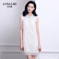LUXLEAD洛诗琳2016夏装新品绣花翻领H型网格蕾丝欧根纱拼接连衣裙XDR316363