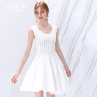LUXLEAD洛诗琳春秋新款圆领无袖针织纯色条纹背心连衣裙CSW116115