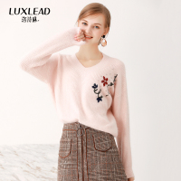 洛诗琳V领刺绣毛衣女套头短款宽松淑女针织打底衫2018春装新款