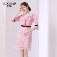 洛诗琳优雅V领荷叶边撞色丝绒腰带修身蕾丝连衣裙2018春装新款女