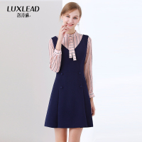 洛诗琳名媛假两件拼接连衣裙长袖条纹显瘦气质裙子2018春装新款女