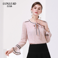 洛诗琳喇叭袖蕾丝衫长袖飘带雪纺上衣2018春装新款淑女宽松小衫