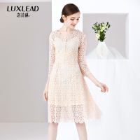 洛诗琳时尚V领立体水溶蕾丝两件套修身显瘦连衣裙2018春装新款女