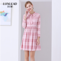 洛诗琳蕾丝连衣裙蝴蝶结镂空高腰显瘦雪纺印花中裙2018年春装新款