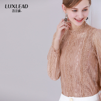 洛诗琳长袖立领透视甜美蕾丝衫吊带背心两件套上衣2018春装新款女