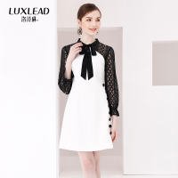 洛诗琳黑白撞色拼接蕾丝收腰修身显瘦连衣裙中长款2018春装新款女