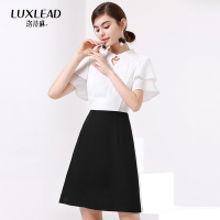 洛诗琳2018夏装新品镂空拼接双层荷叶袖气质通勤连衣裙中裙