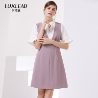 洛诗琳2018夏装新款拼接荷叶袖连衣裙显瘦修身短袖假两件背带裙子