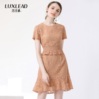 洛诗琳优雅显瘦蕾丝连衣裙2018夏新款收腰遮肚子鱼尾摆假两件裙子