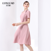 洛诗琳修身显瘦中长款连衣裙2018夏装新款气质飘带粉色名媛裙子