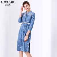 洛诗琳印花牛仔连衣裙2018新款显瘦两侧开叉腰带衬衫牛仔裙女夏