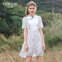 洛诗琳印花雪纺连衣裙2018年夏季新款蝴蝶结蕾丝拼接小个子裙子