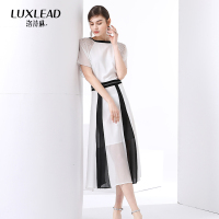 洛诗琳双层黑白拼接连衣裙长款时尚钉珠过膝A字裙仙2018夏新款女