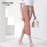 洛诗琳拼接印花腰带七分裤女简约舒适蝴蝶结烟管裤2018夏装新款