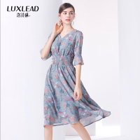 洛诗琳文艺雪纺印花连衣裙女V领短袖遮肚子显瘦碎花中长款2018夏