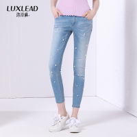 洛诗琳时尚休闲钉珠装饰紧身韩版显瘦小脚铅笔牛仔裤2018夏新款女