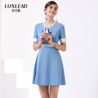 洛诗琳海军风针织蝴蝶结连衣裙短袖系带修身显瘦中裙2018夏季新款
